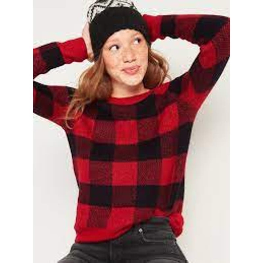 Old Navy size L red black buffalo check plaid crew neck super soft sweater